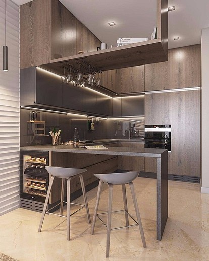 Белая П-образная кухня 20 кв м с черной столешницей (4 фото)