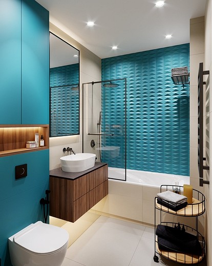 Утонченный дизайн ванной комнаты в бирюзовых тонах