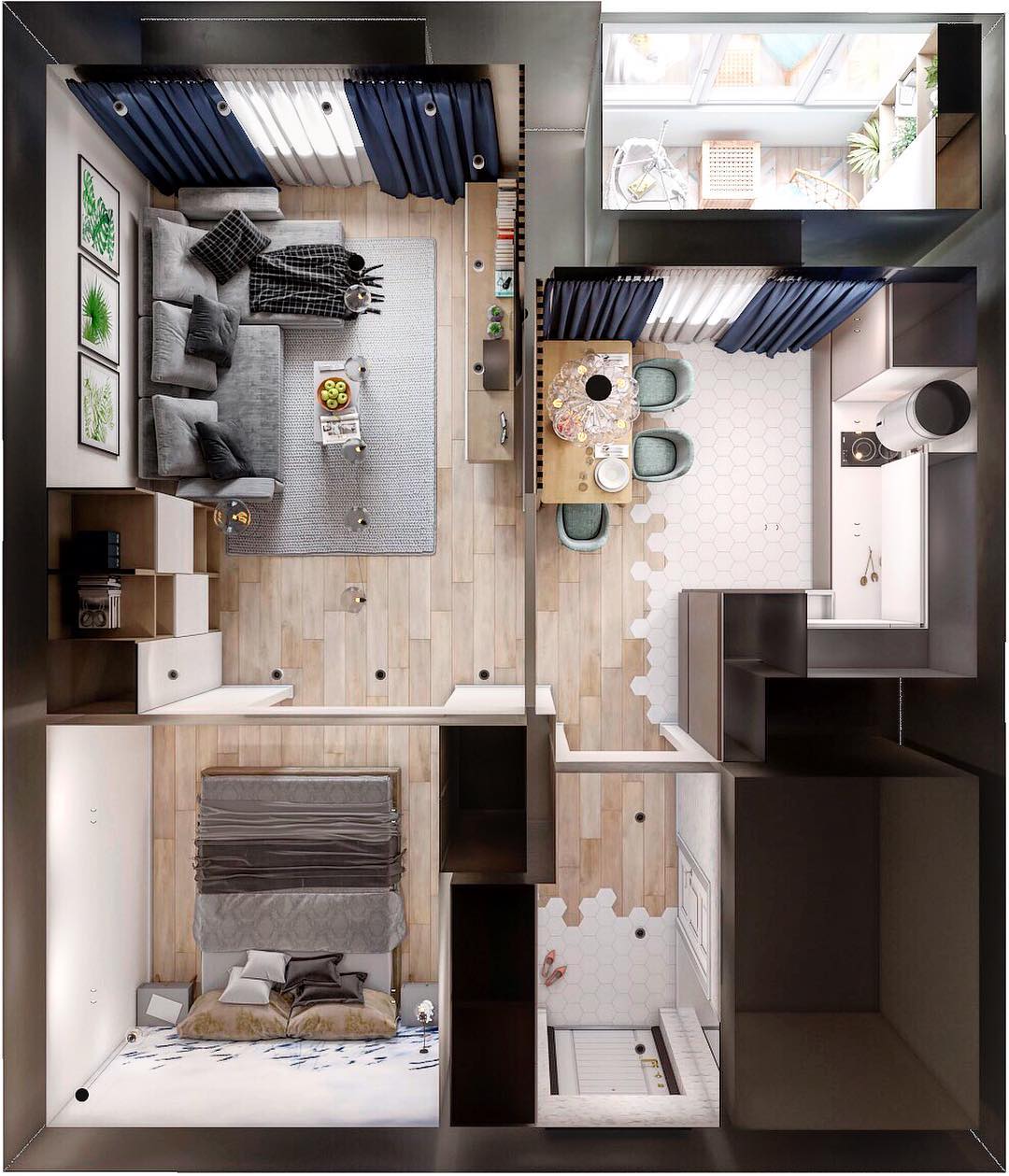 230+ foto ideja Ideje interijera 1. (jednosobnih) apartmana površine 40 m2. Jednostavan i moderan moderan dizajn